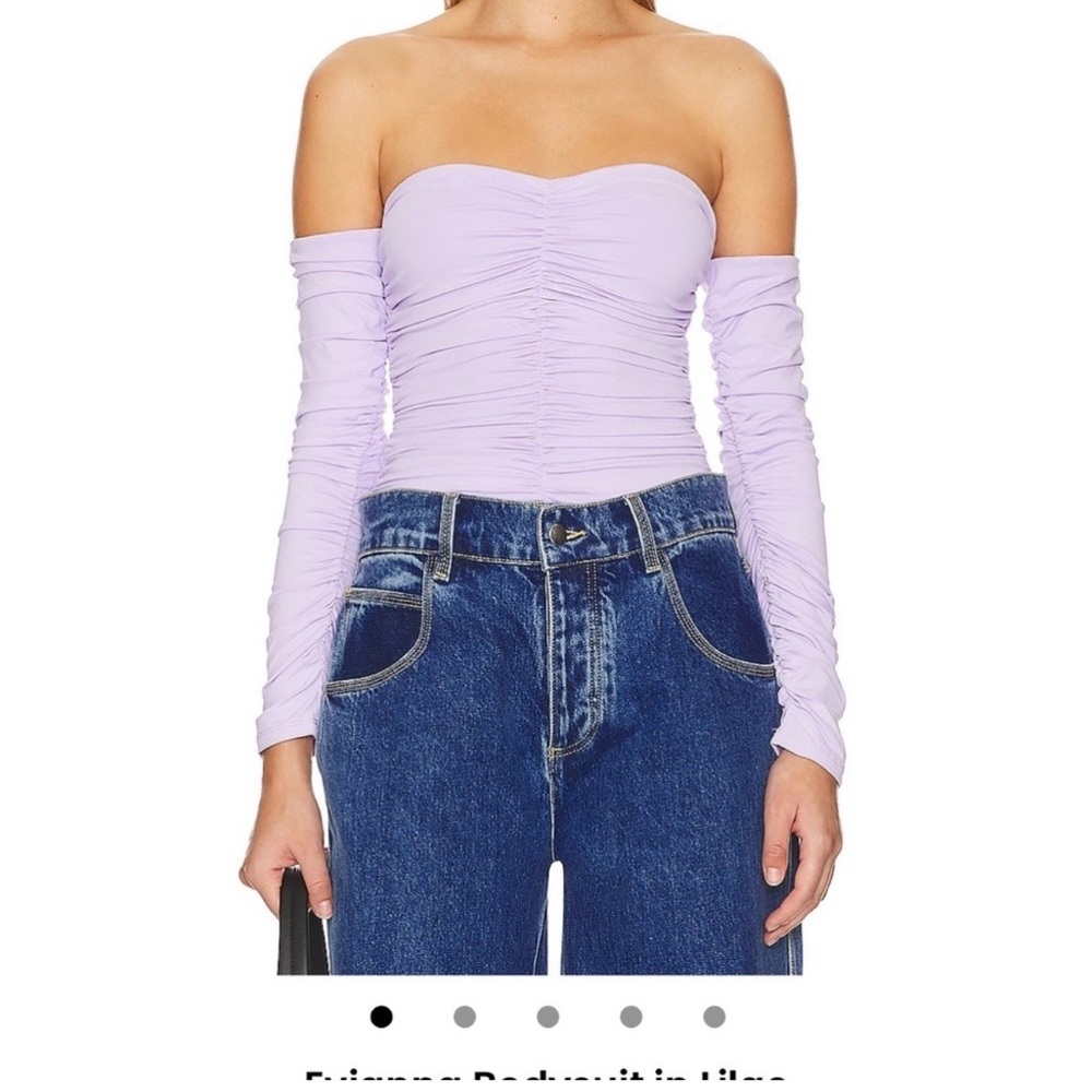 Astr Lavender Off-Shoulder Ruched Long Sleeve Bodysuit